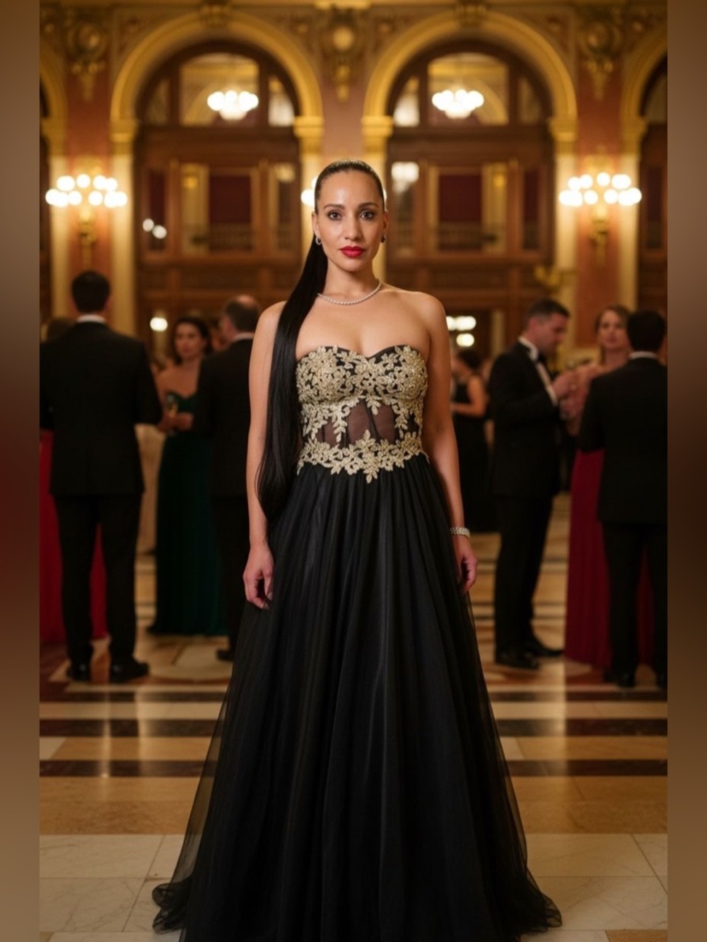 Blondie Nites Strapless Corset Black Gown with Gold Lace Bodice